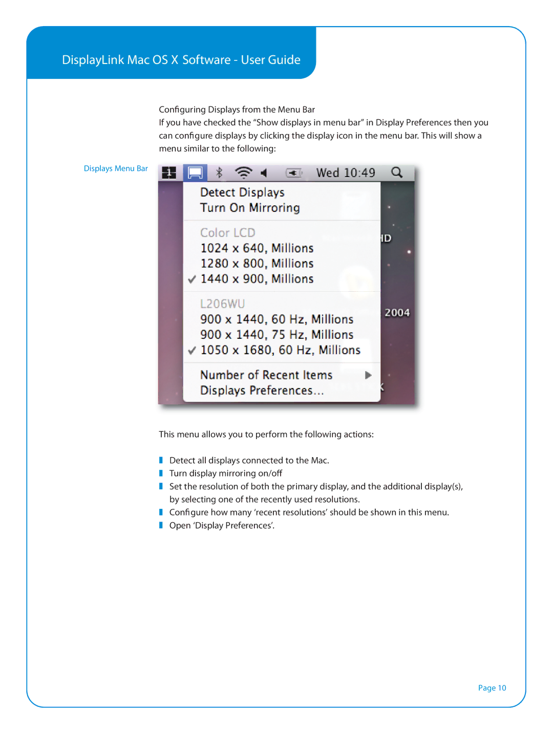 DoubleSight Displays Smart USB Monitor, DS90UC manual Conguring Displays from the Menu Bar 