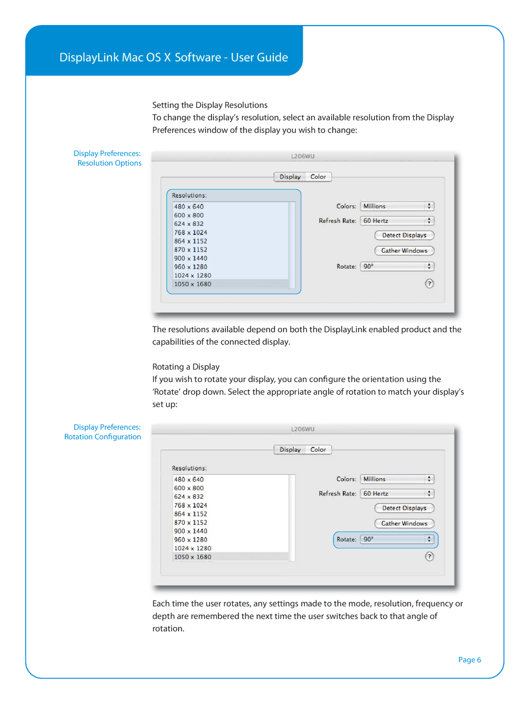 DoubleSight Displays Smart USB Monitor, DS90UC manual Setting the Display Resolutions, Rotating a Display 