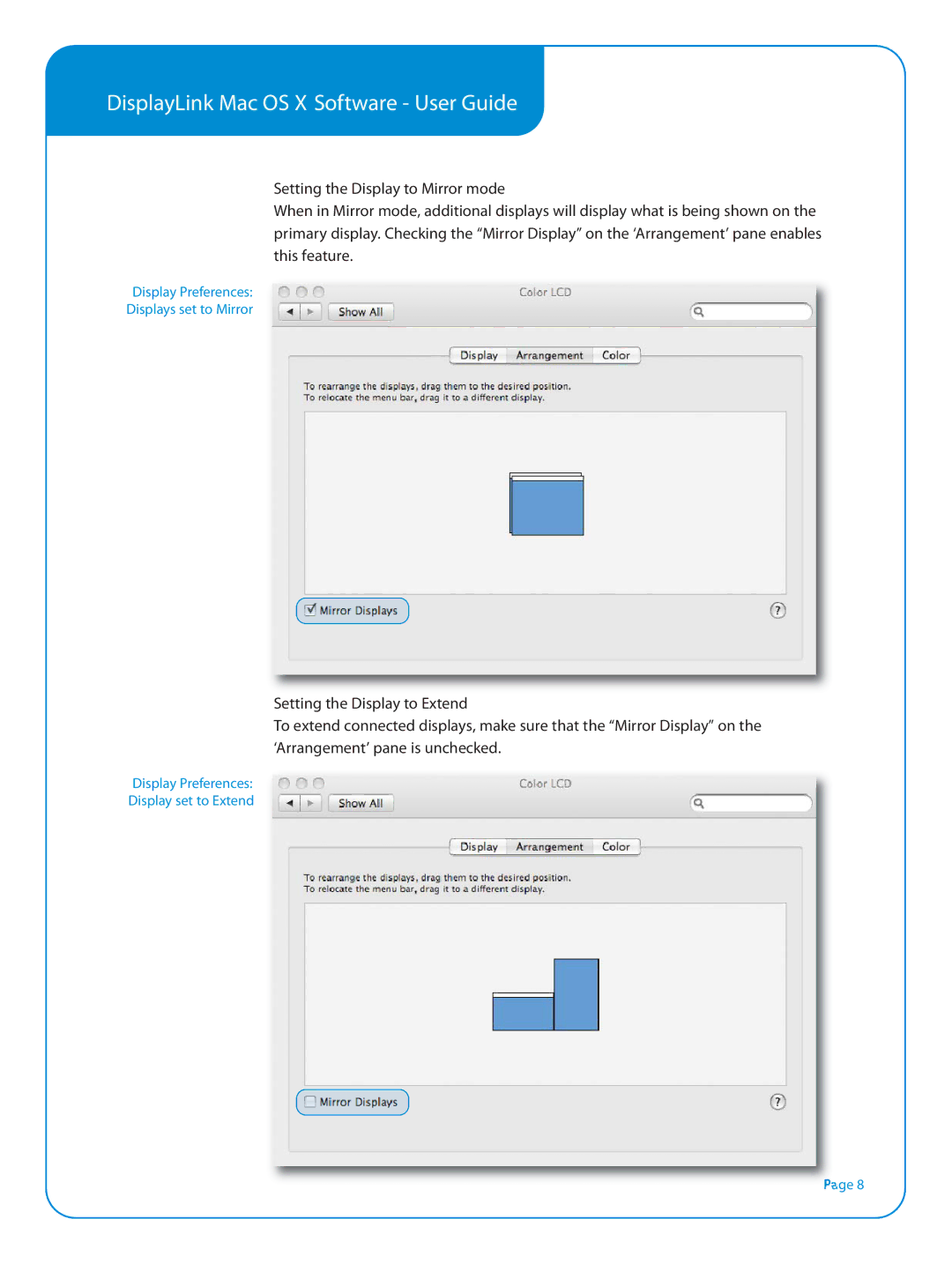 DoubleSight Displays Smart USB Monitor, DS90UC manual Setting the Display to Mirror mode, Setting the Display to Extend 