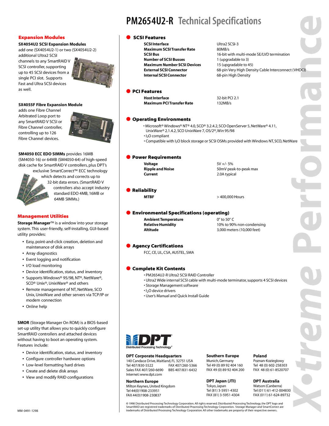 DPT PM2654U2-R Scsi Features, PCI Features, Operating Environments, Power Requirements, Reliability, Agency Certifications 