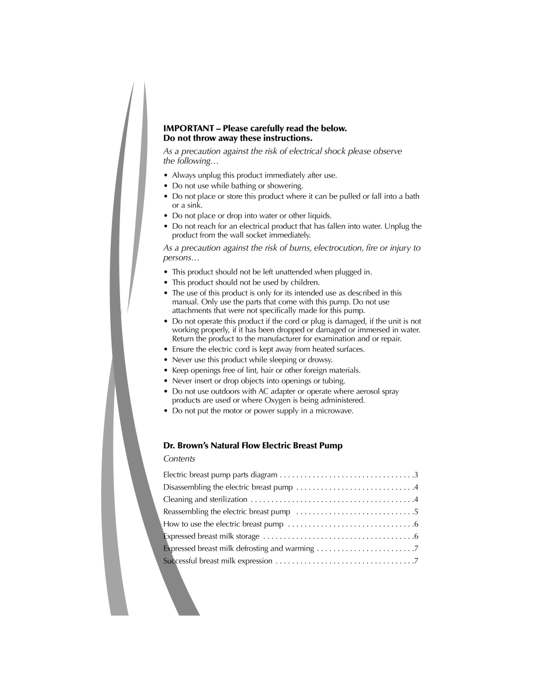 Dr. Brown's manual Dr. Brown’s Natural Flow Electric Breast Pump, Contents 