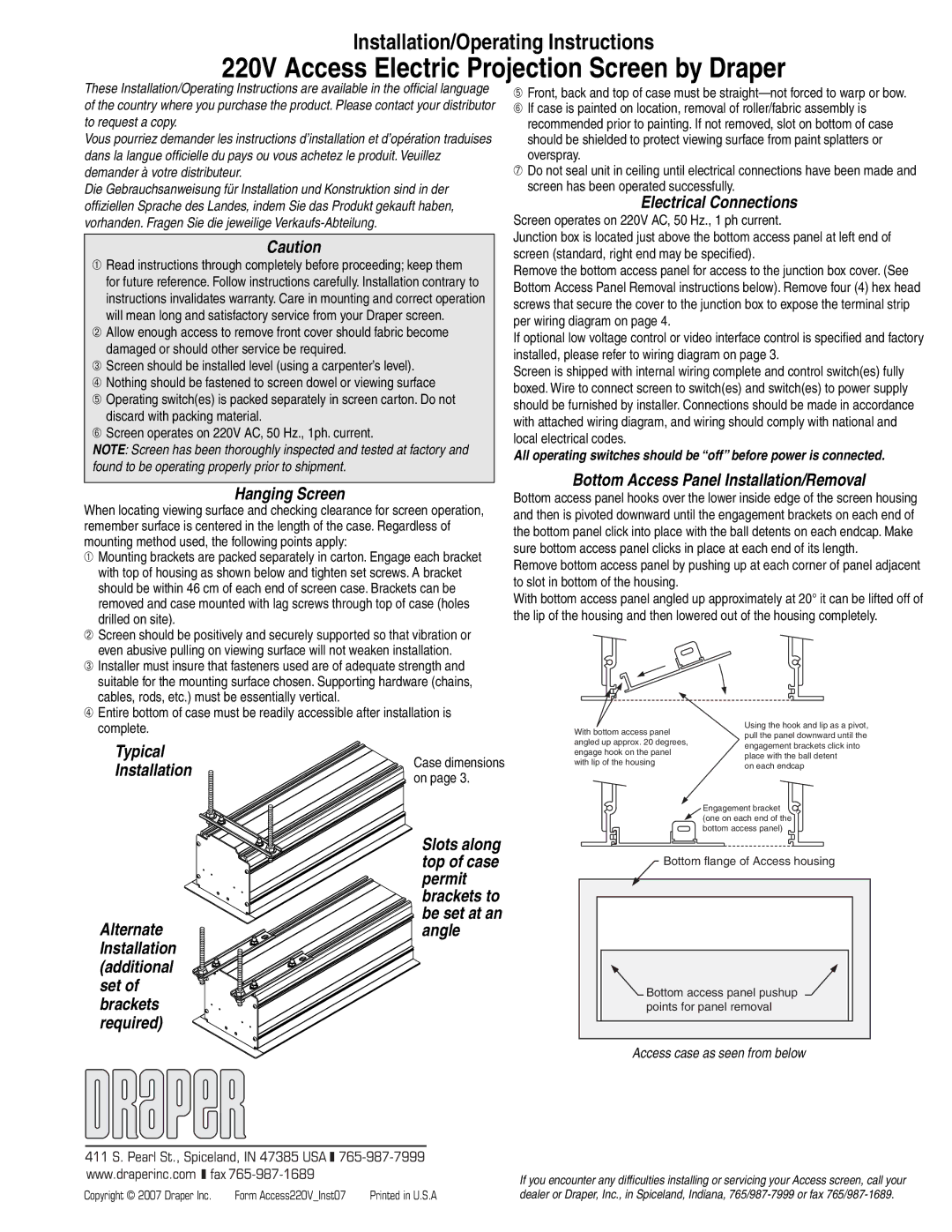 Draper 220V Access Electric Projection Screen operating instructions Hanging Screen, Typical, Electrical Connections 