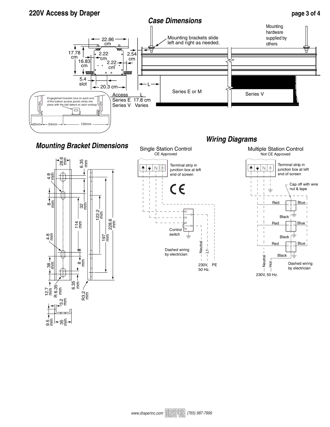 Draper 220V Access Electric Projection Screen operating instructions Case Dimensions 