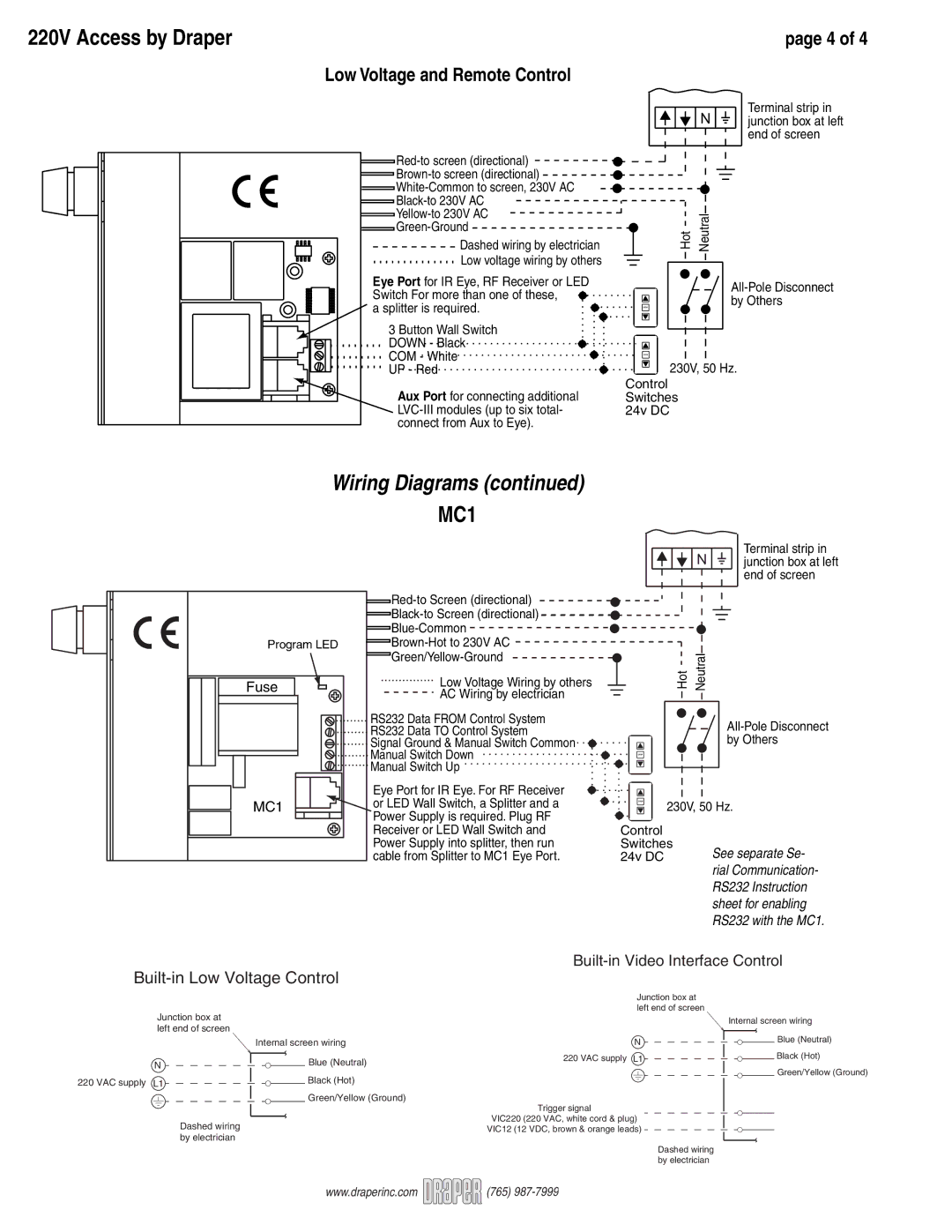 Draper 220V Access Electric Projection Screen operating instructions MC1 