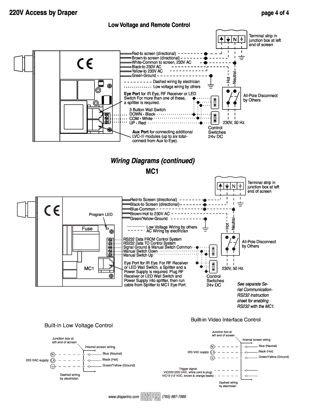 Draper 220V Access Electric Projection Screen Wiring Diagrams continued, page 4 of Low Voltage and Remote Control 