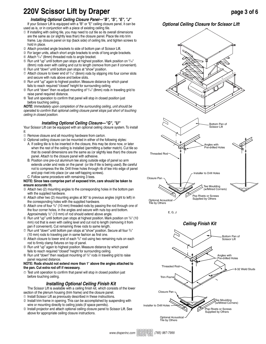Draper 220V SLX warranty Optional Ceiling Closure for Scissor Lift, Installing Optional Ceiling Finish Kit 