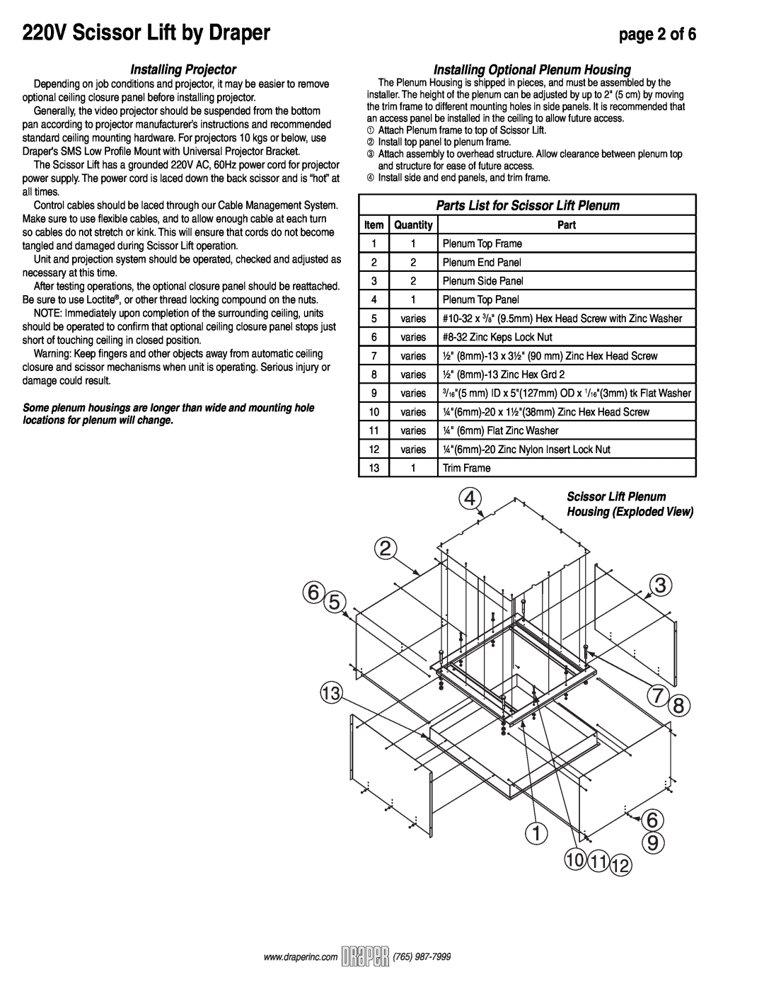 Draper 220V SL 220V Scissor Lift by Draper, page 2 of, Installing Projector, Installing Optional Plenum Housing, Part 