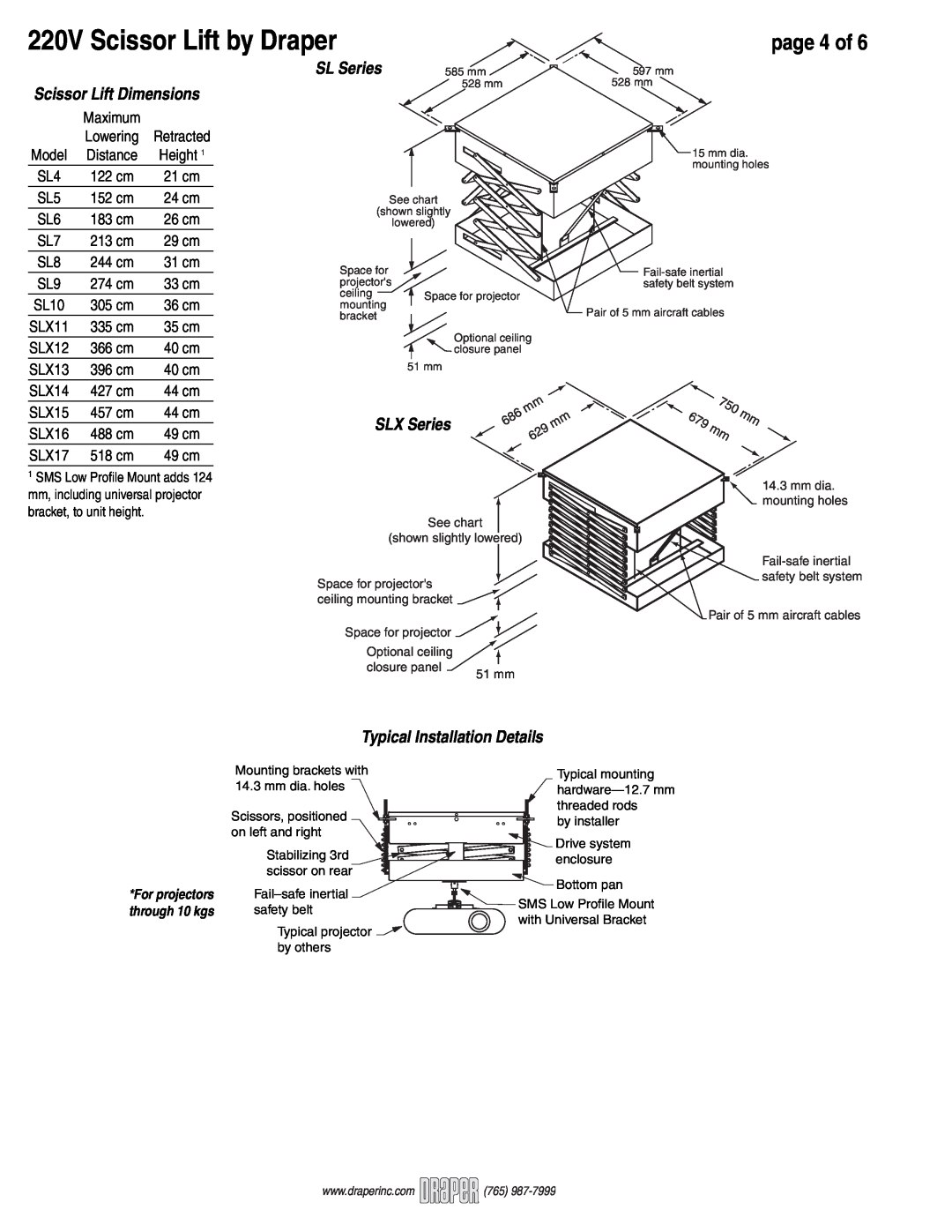 Draper 220V SL warranty page 4 of, Scissor Lift Dimensions, Typical Installation Details, Model, SLX Series, For projectors 