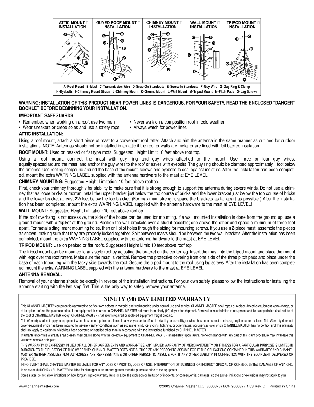 Draper 3010 manual Important Safeguards, Attic Installation, Antenna Removal 