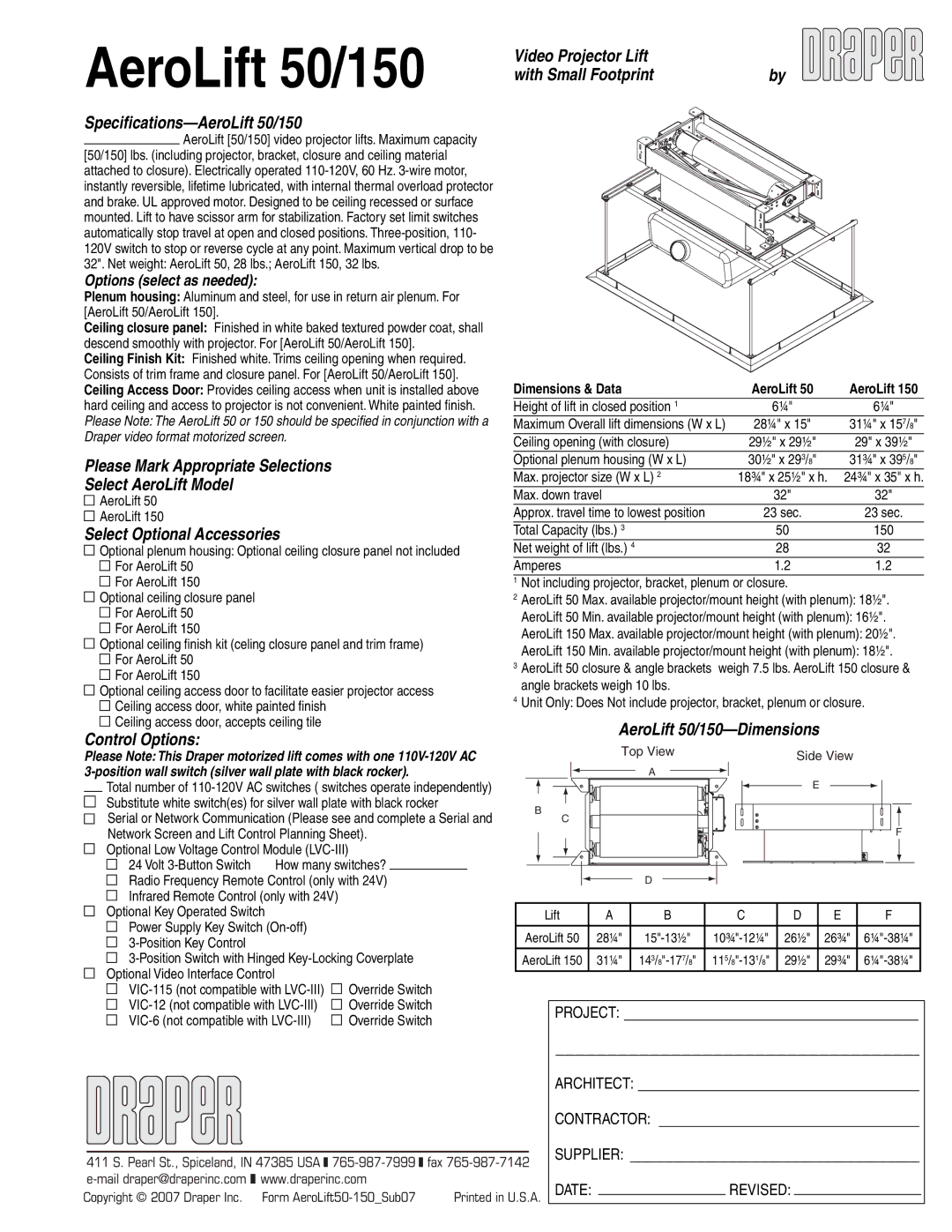 Draper specifications Speciﬁcations-AeroLift 50/150, Video Projector Lift With Small Footprint, Select AeroLift Model 