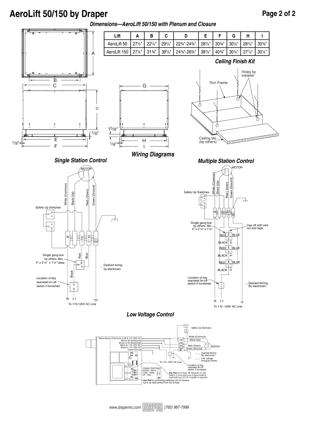 Draper specifications Dimensions-AeroLift 50/150 with Plenum and Closure, Ceiling Finish Kit, Single Station Control 