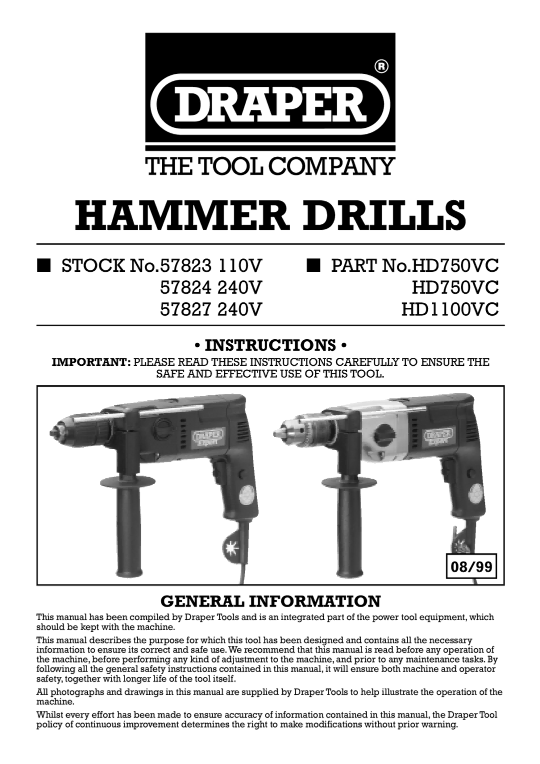 Draper 57824, 57823, 57827 manual Hammer Drills 