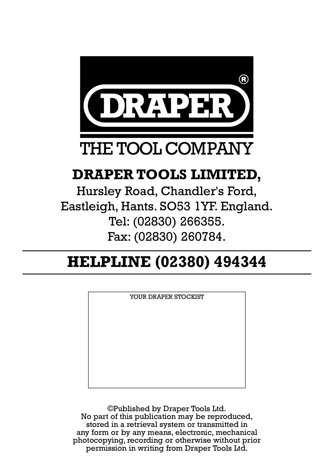 Draper 57823, 57824, 57827 manual Helpline 02380 