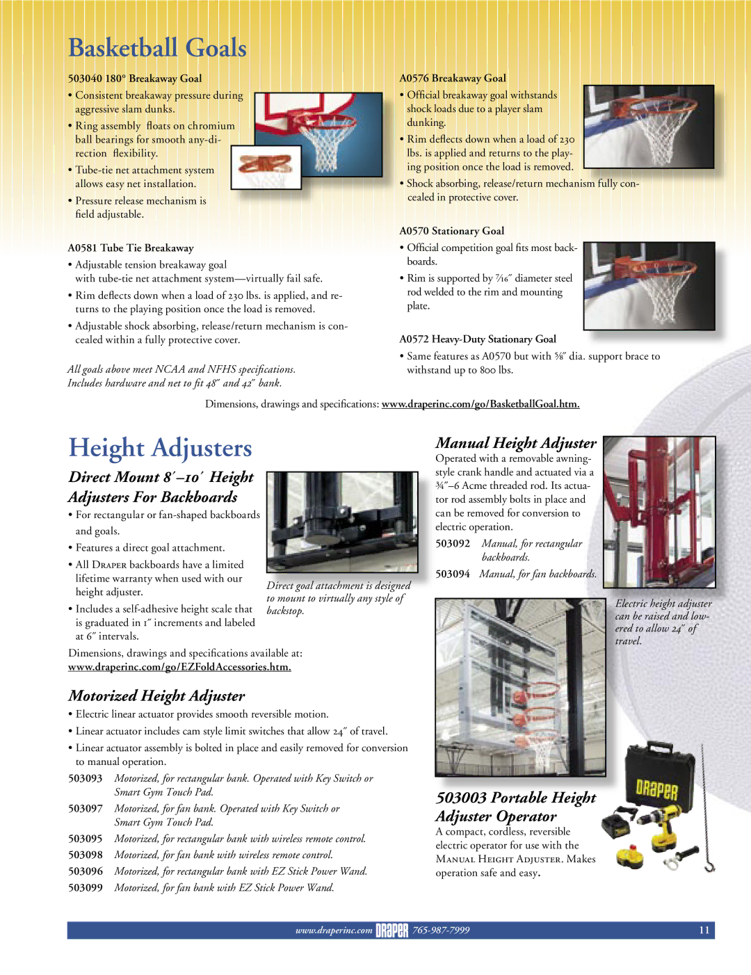 Draper A0576 dimensions Adjusters For Backboards, Manual Height Adjuster, Motorized Height Adjuster 