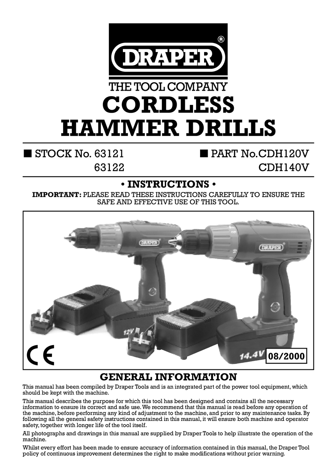 Draper CDH140V, CDH120V manual Cordless Hammer Drills 