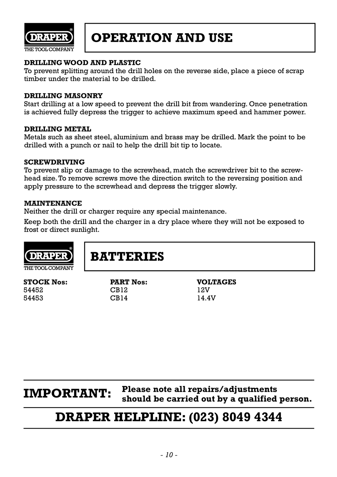 Draper CDH140V, CDH120V manual Batteries 