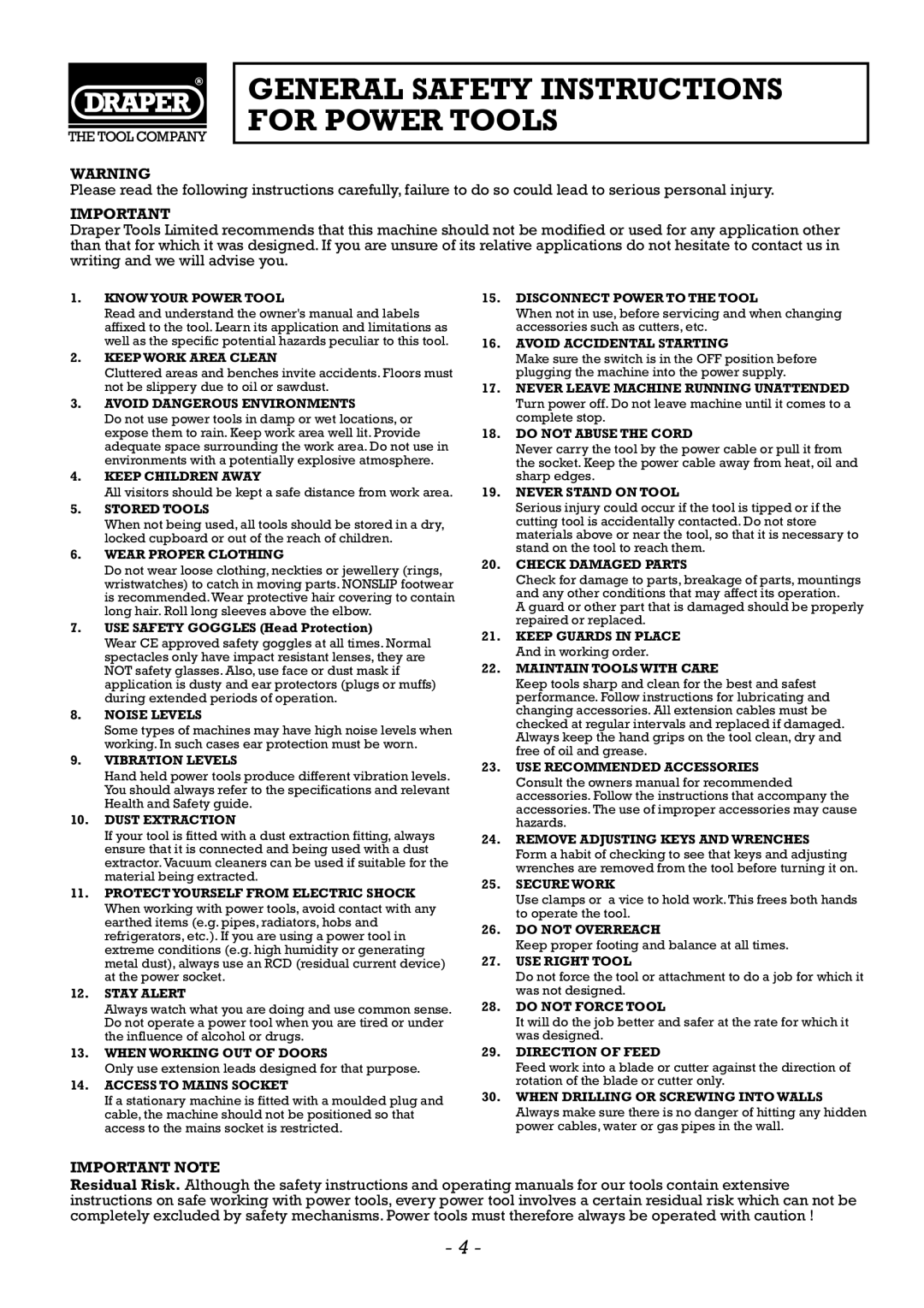 Draper CDH140V, CDH120V manual General Safety Instructions For Power Tools 