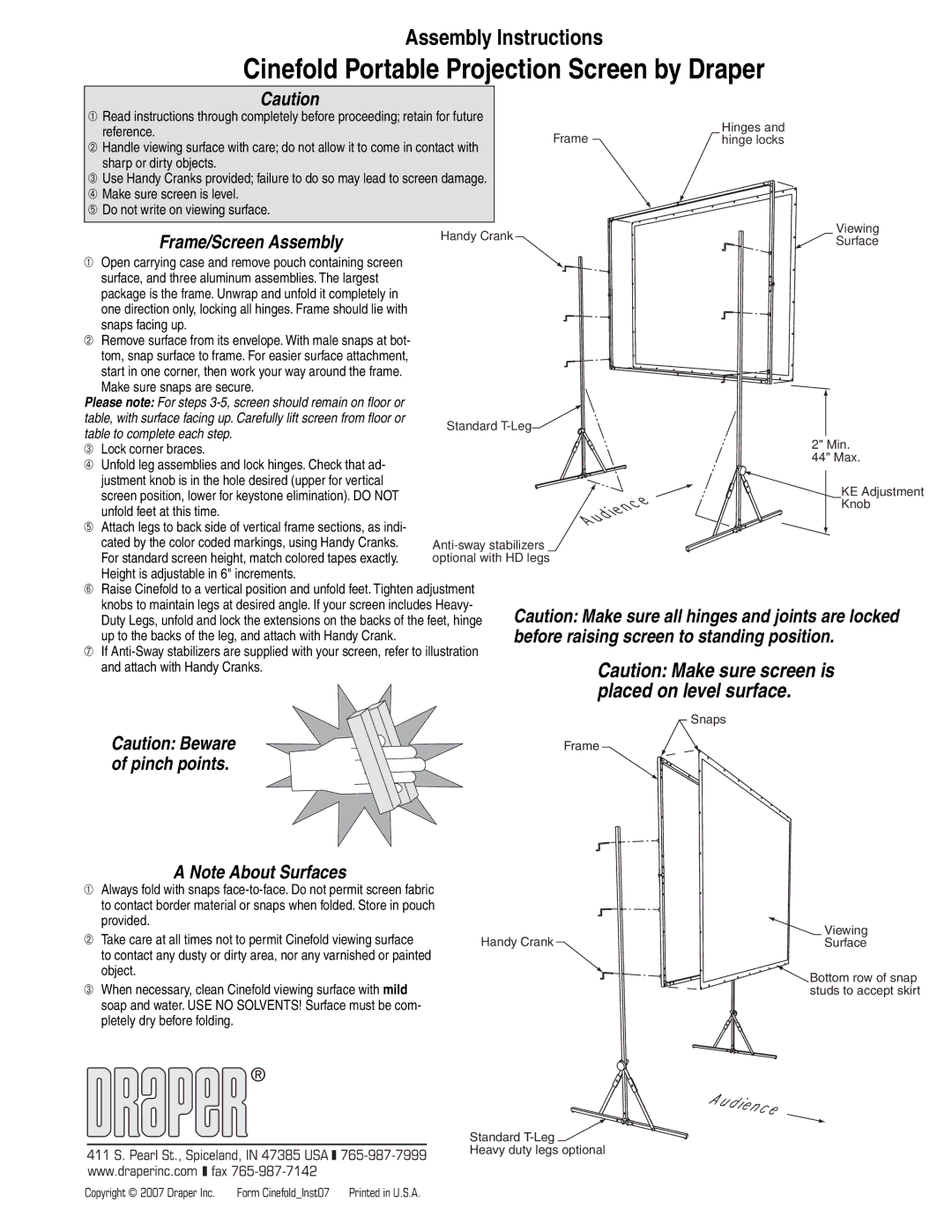 Draper manual Cinefold Portable Projection Screen by Draper, Frame/Screen Assembly, Make sure snaps are secure 