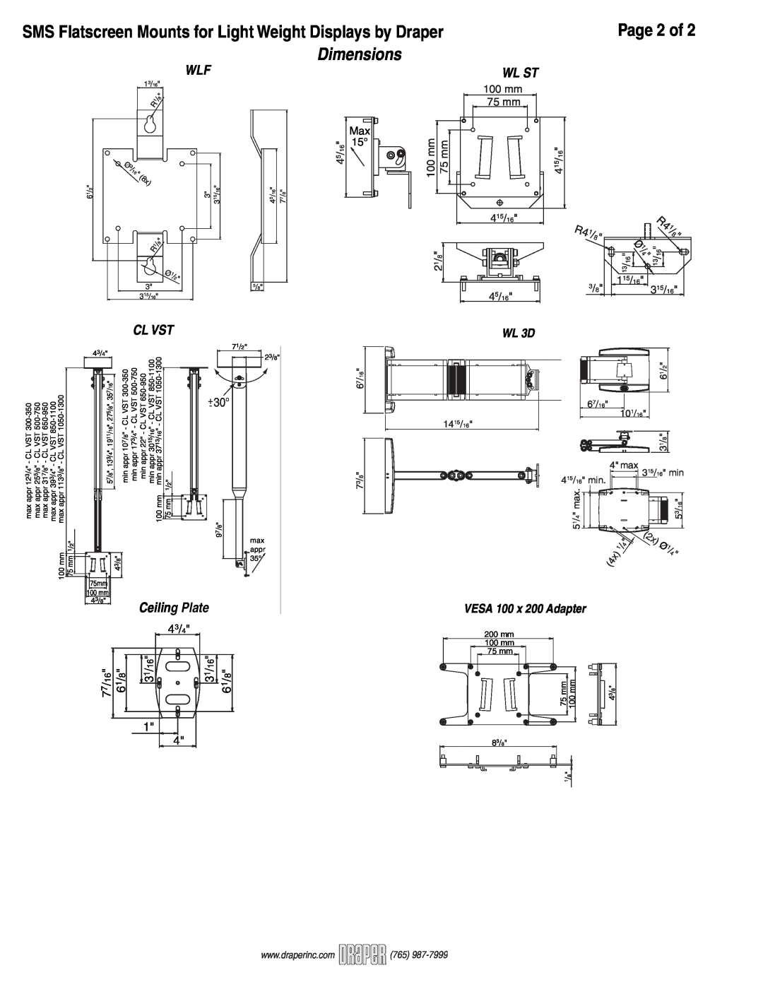 Draper CL VST 1050-1300 Cl Vst, WL 3D, VESA 100 x 200 Adapter, Dimensions, Page 2 of, Wl St, 100mm 75 mm, mm mm, 21/8 