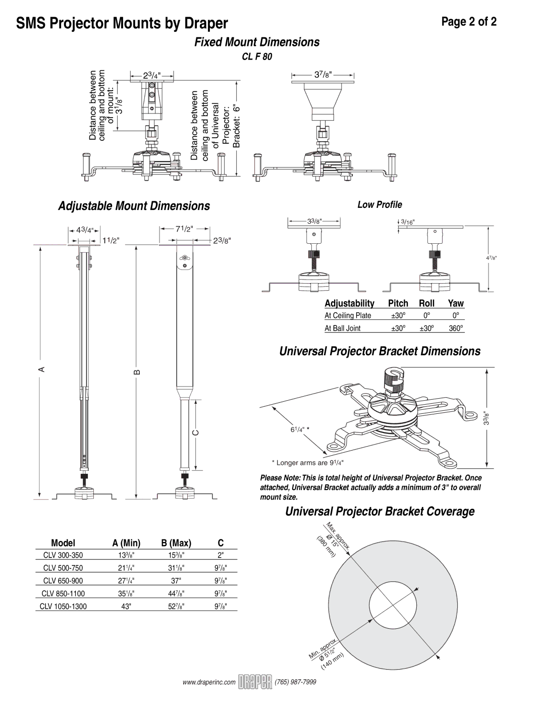 Draper CLV 300-350 Fixed Mount Dimensions, Adjustable Mount Dimensions, Universal Projector Bracket Coverage, Cl F 