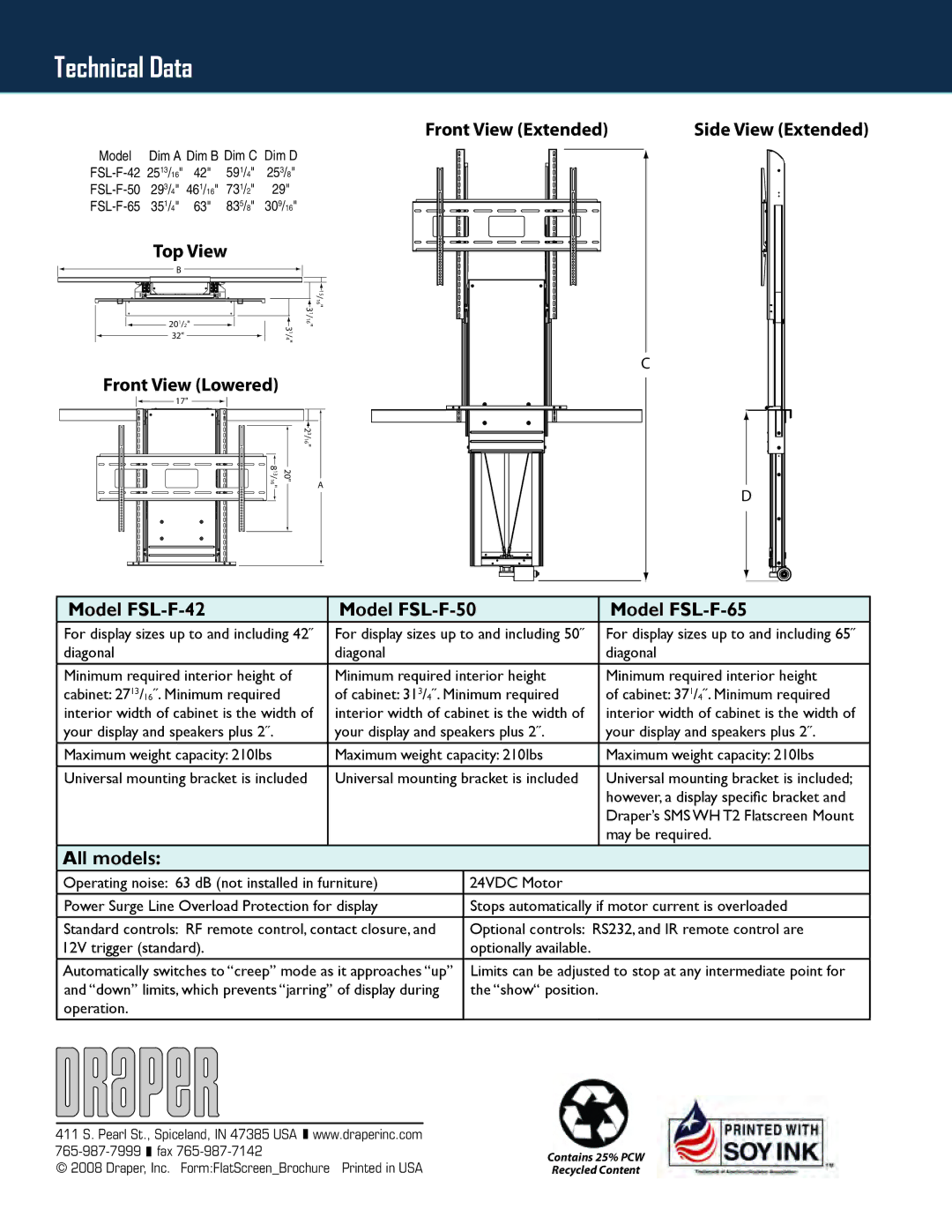 Draper FSL-F-50 dimensions Technical Data, Front View Extended 