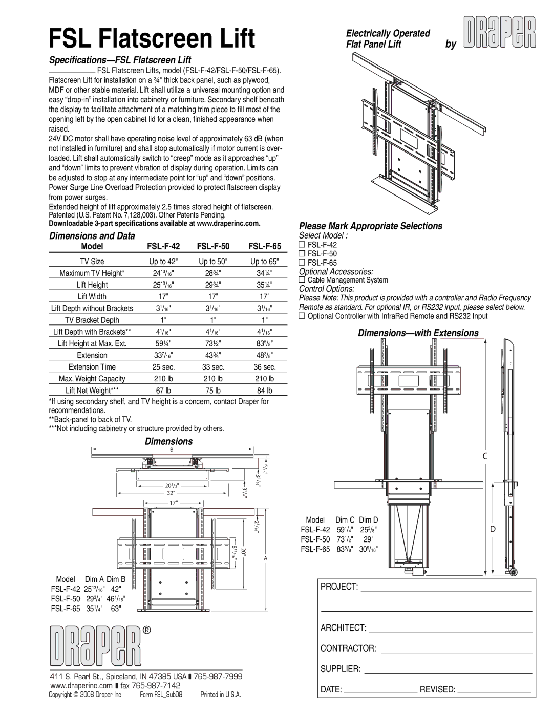 Draper FSL-F-42 specifications Speciﬁcations-FSL Flatscreen Lift, Dimensions and Data, Dimensions-with Extensions 