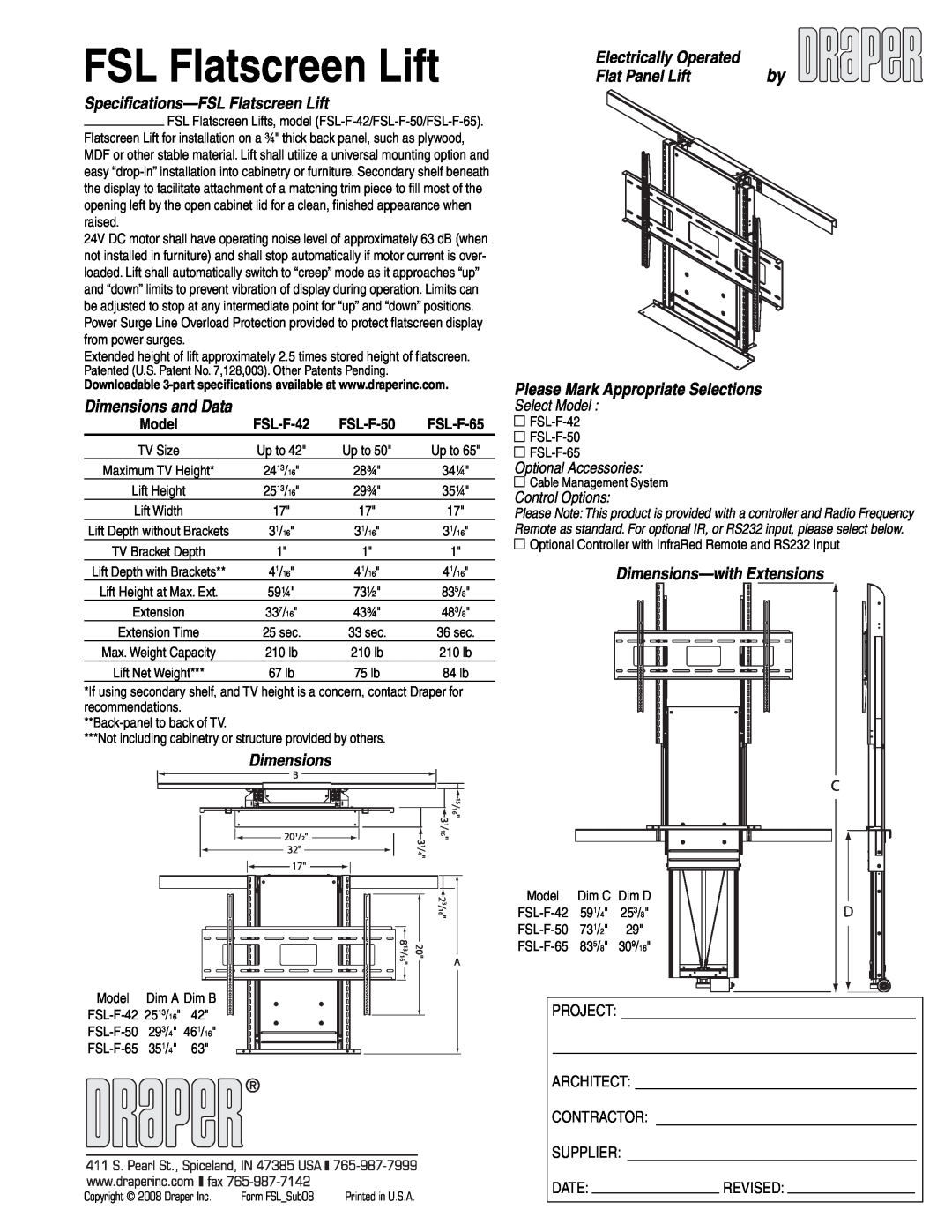 Draper FSL-F-42 specifications FSL Flatscreen Lift, Speciﬁcations-FSLFlatscreen Lift, Dimensions and Data, Flat Panel Lift 
