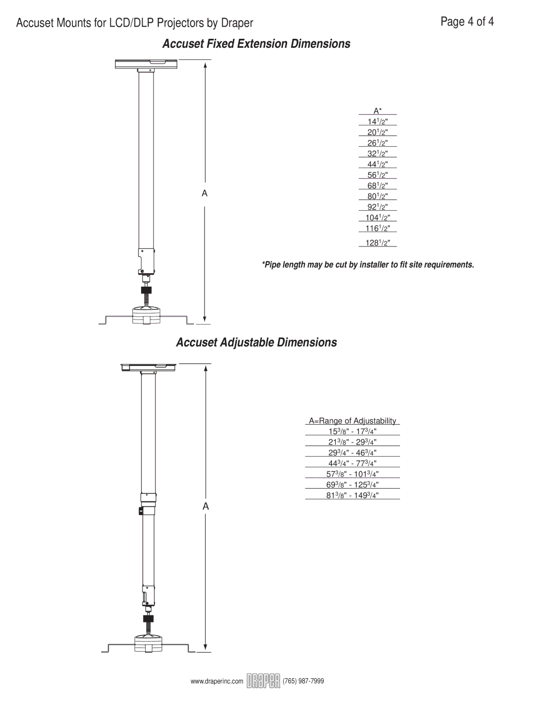 Draper LCD-DLP Projectors manual Accuset Fixed Extension Dimensions 