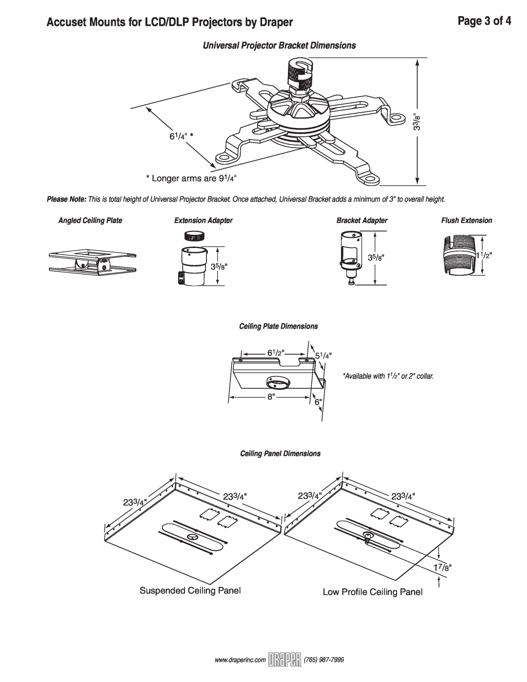 Draper LCD-DLP Projectors Page 3 of, Universal Projector Bracket Dimensions, 35/811/2 35/8, 61/2 51/4, Extension Adapter 