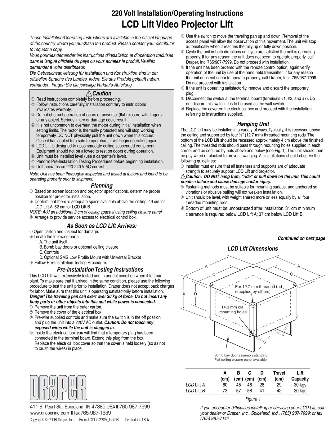 Draper LCD Lift Video Projector dimensions Planning, Hanging Unit, As Soon as LCD Lift Arrives, LCD Lift Dimensions 