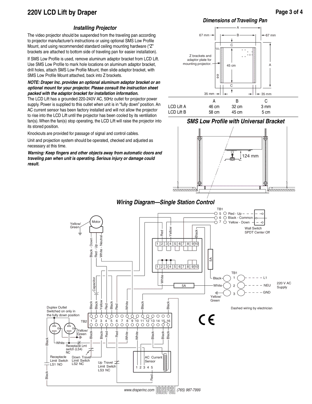 Draper LCD Lift Video Projector dimensions SMS Low Proﬁle with Universal Bracket, Wiring Diagram-Single Station Control 