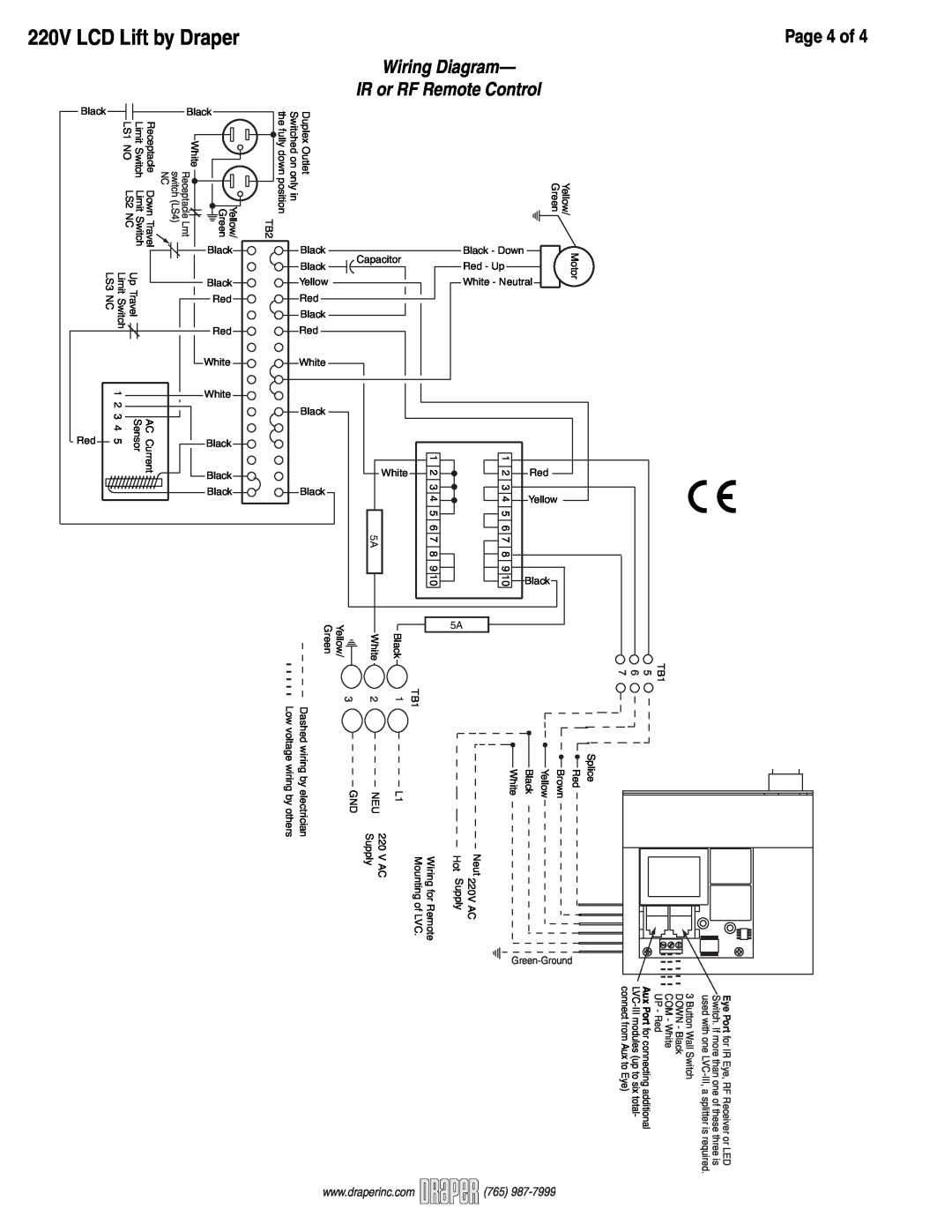 Draper LCD Lift Video Projector dimensions Page 4 of, IR or RF Remote Control, 220V LCD Lift by Draper, Wiring Diagram 