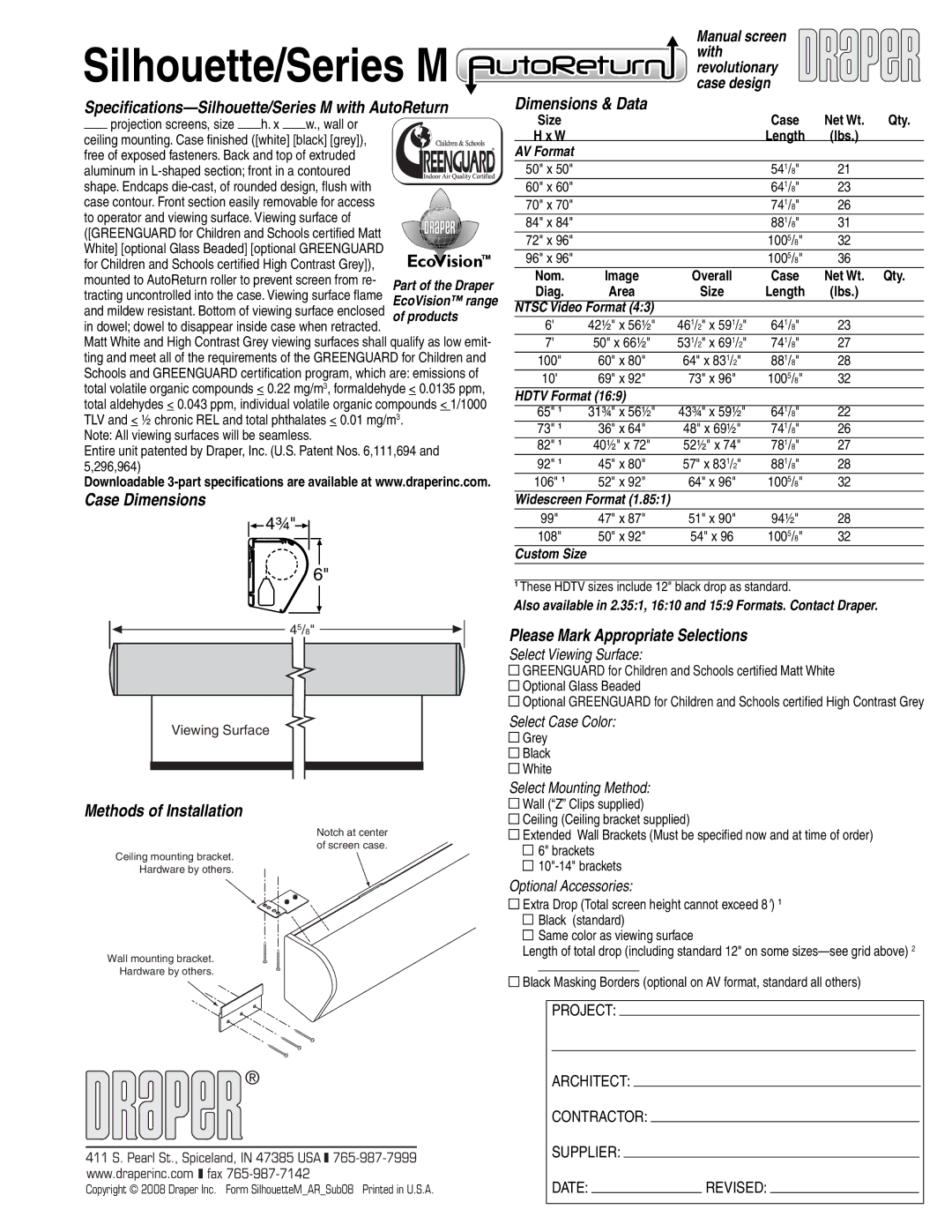 Draper M Series dimensions Case Dimensions, Methods of Installation, Dimensions & Data, Please Mark Appropriate Selections 