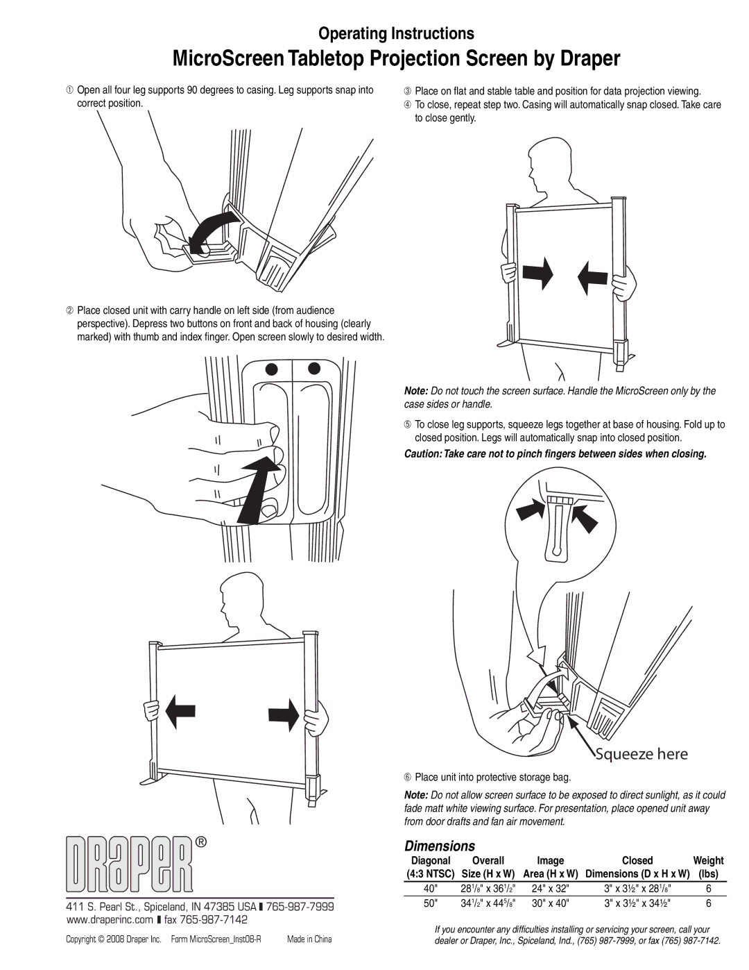 Draper operating instructions MicroScreen Tabletop Projection Screen by Draper, Squeeze here, Dimensions, Made in China 