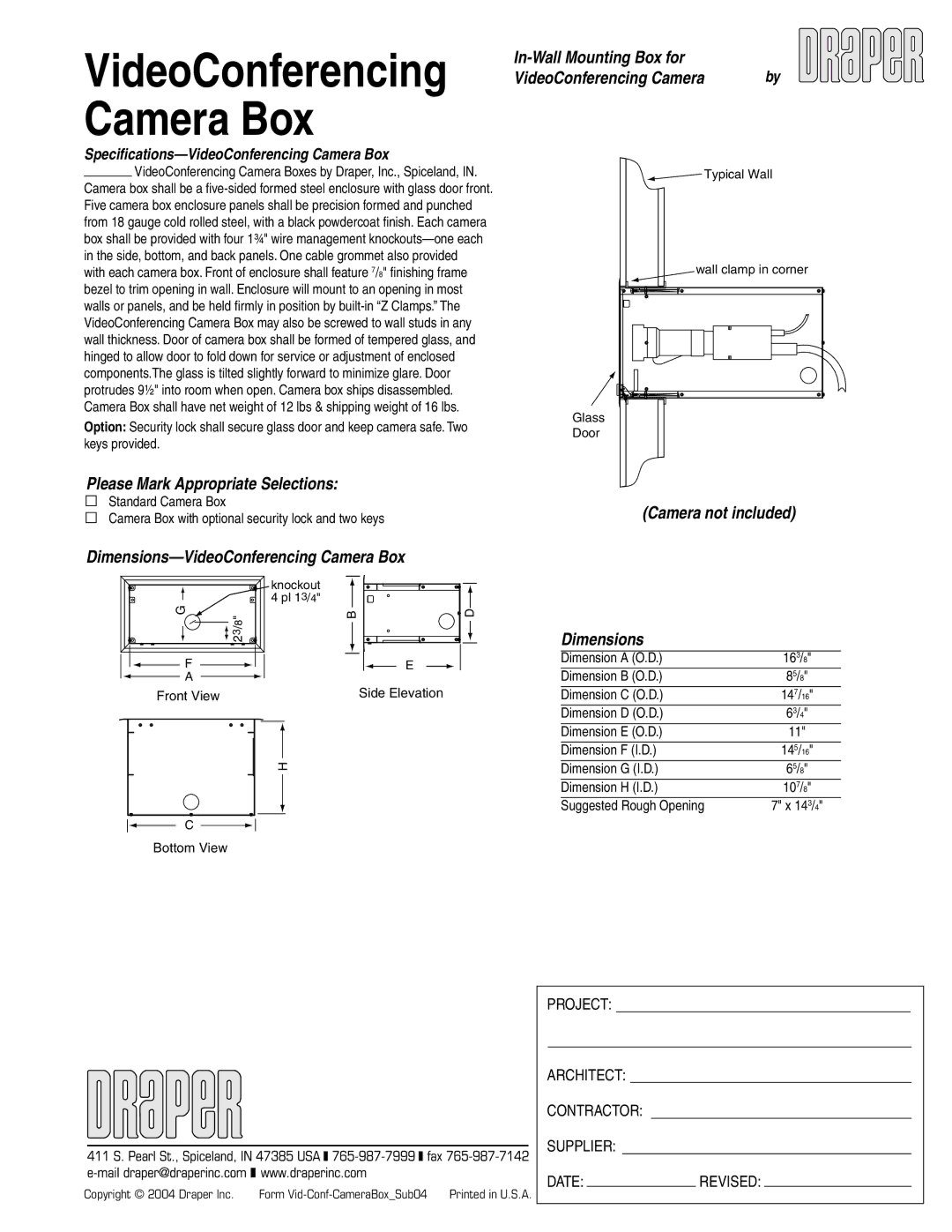 Draper None specifications VideoConferencing Camera Box, Please Mark Appropriate Selections, Dimensions 