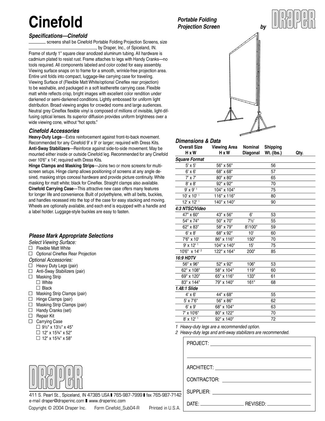 Draper Portable Folding Projection Screen specifications Speciﬁcations-Cinefold, Dimensions & Data 