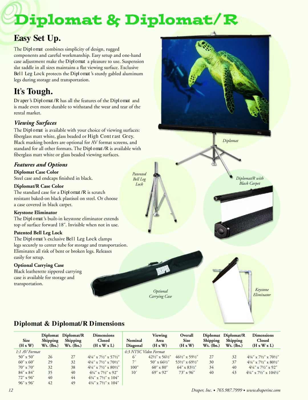 Draper Portable Projection Screen manual Easy Set Up, Its Tough, Diplomat & Diplomat/R Dimensions 