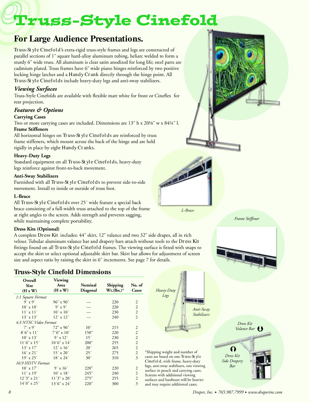 Draper Portable Projection Screen manual For Large Audience Presentations, Truss-Style Cinefold Dimensions 