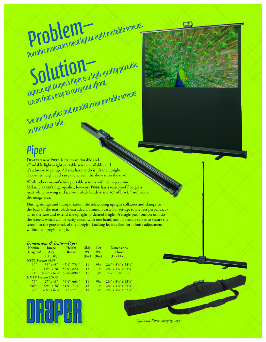 Draper Portable Screen dimensions Problem, Solution, Dimensions & Data-Piper 