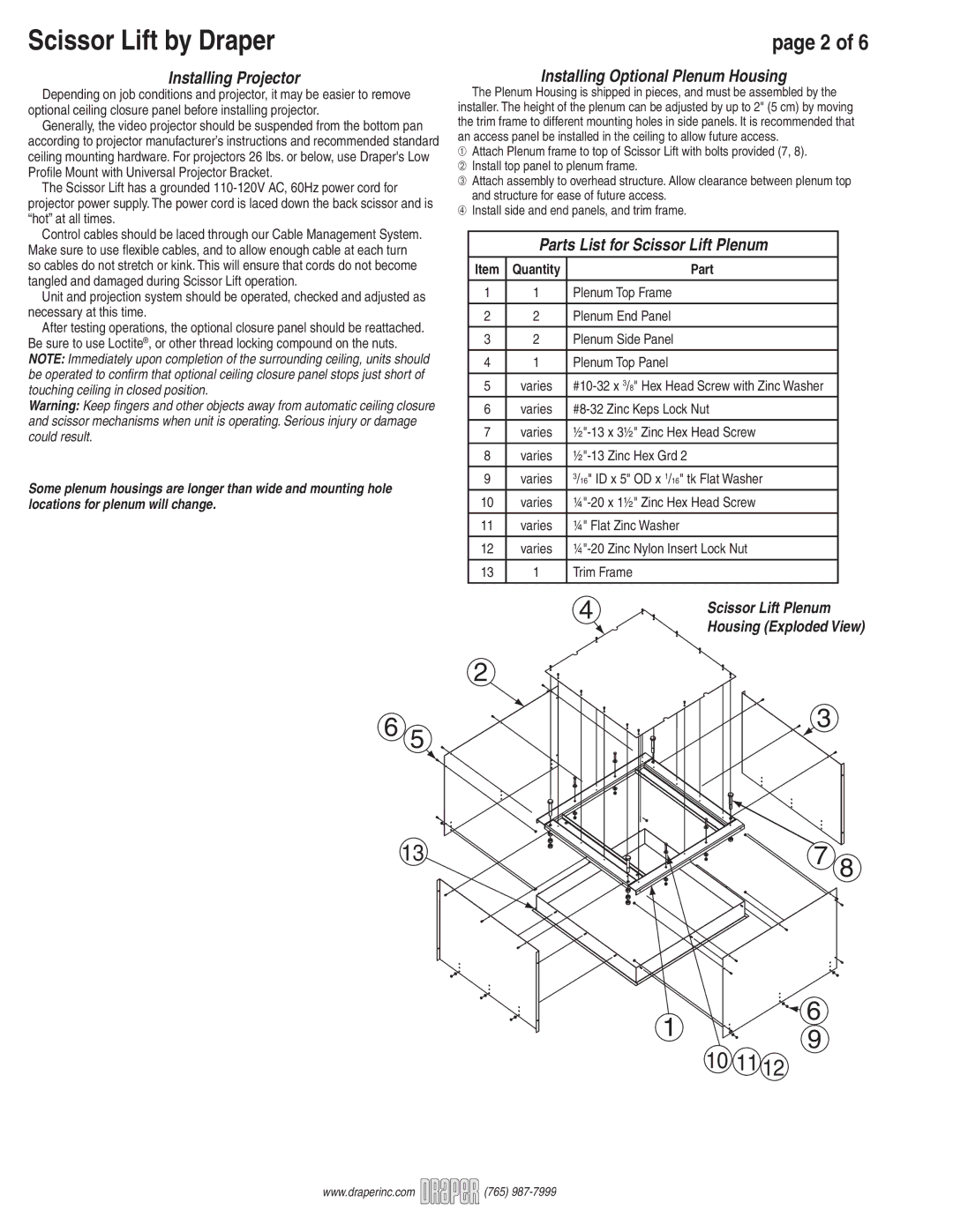 Draper SLX operating instructions Scissor Lift by Draper, Installing Projector, Installing Optional Plenum Housing 