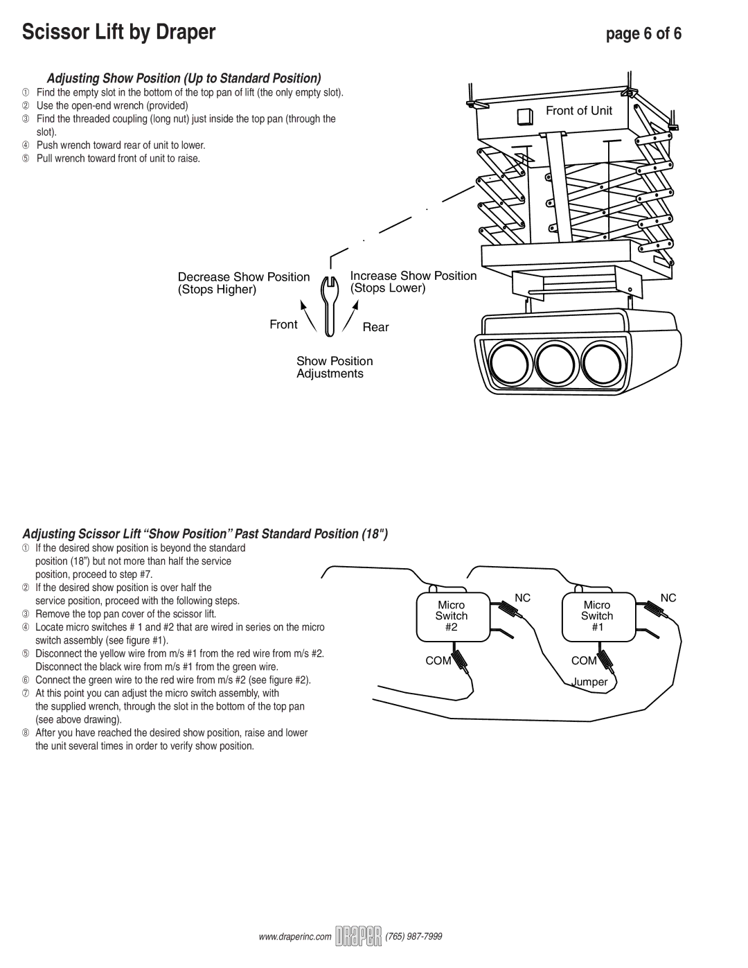 Draper SLX Adjusting Show Position Up to Standard Position, Adjusting Scissor Lift Show Position Past Standard Position 