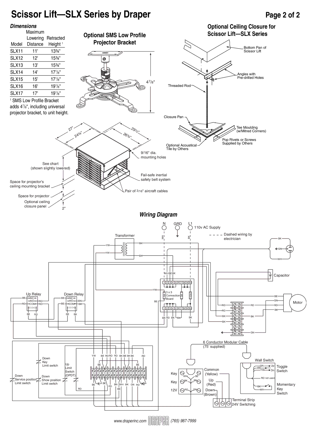 Draper SLX16, SLX12, SLX13, SLX14, SLX15, SLX17 dimensions Wiring Diagram, Dimensions 