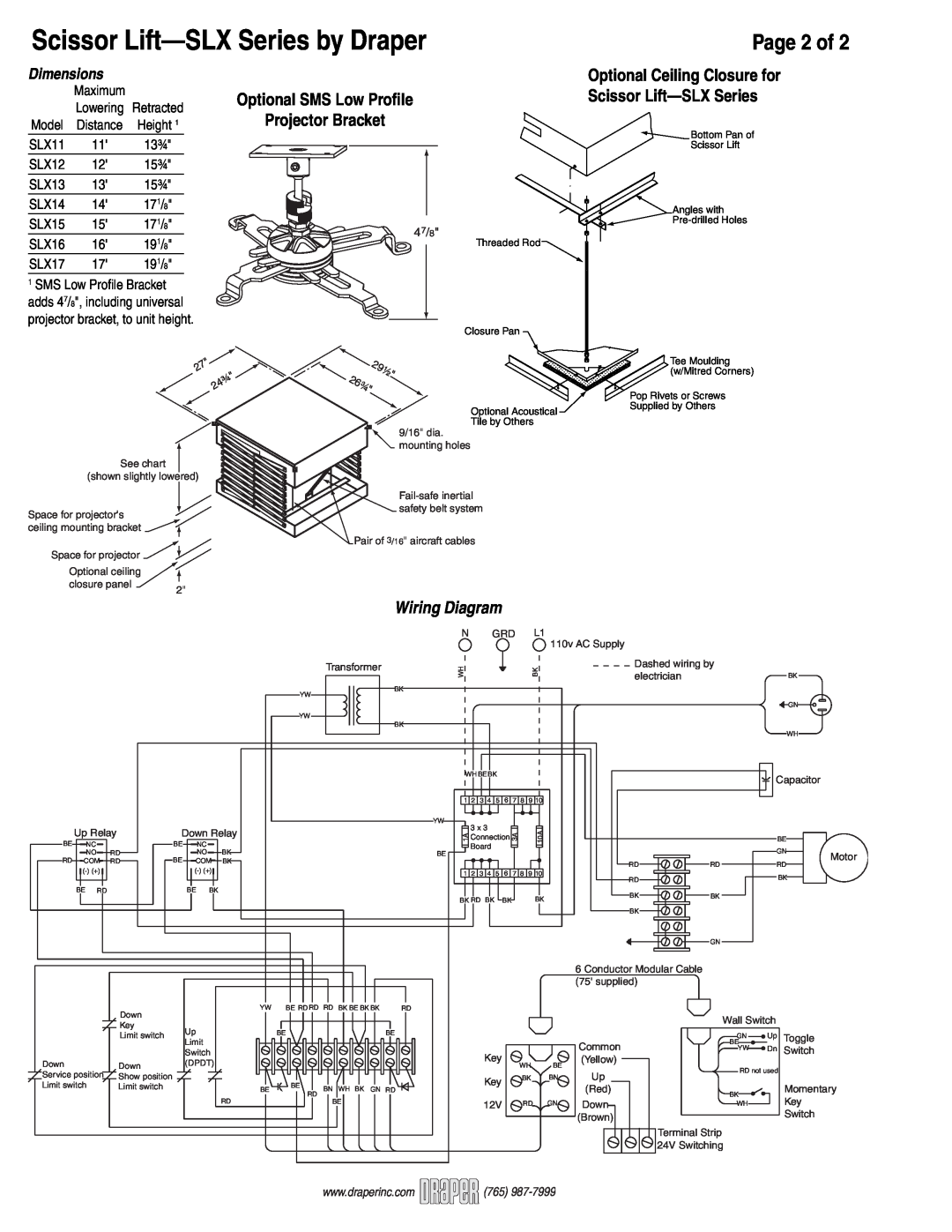 Draper SLX16 Wiring Diagram, Dimensions, Scissor Lift-SLXSeries by Draper, Page 2 of, Optional Ceiling Closure for, 47/8 