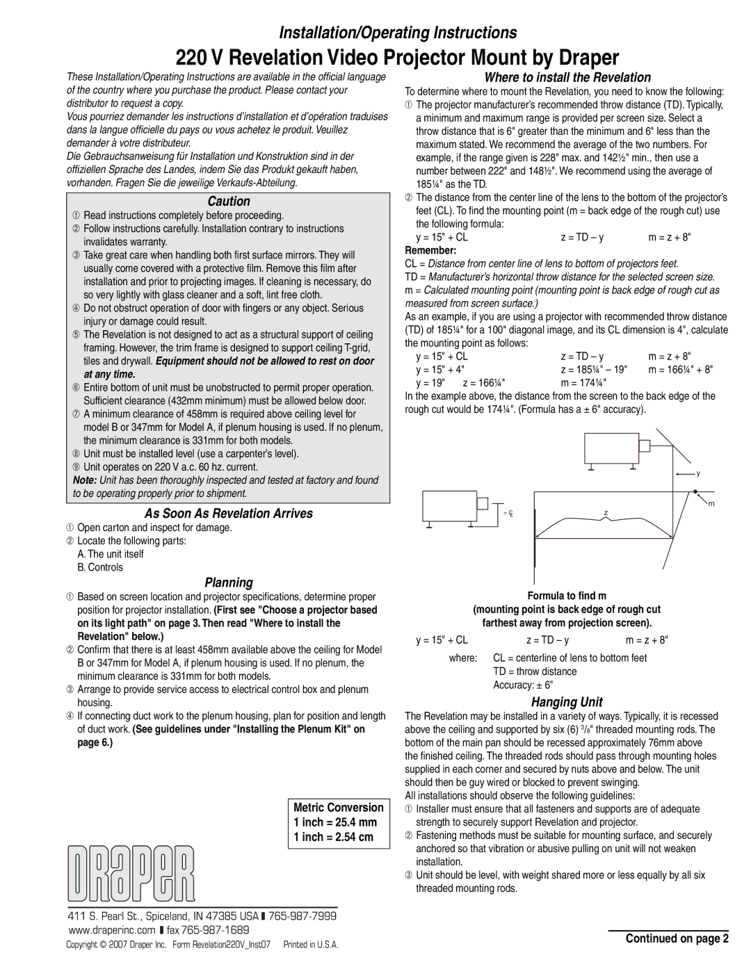 Draper Video Projector specifications As Soon As Revelation Arrives, Planning, Where to install the Revelation 