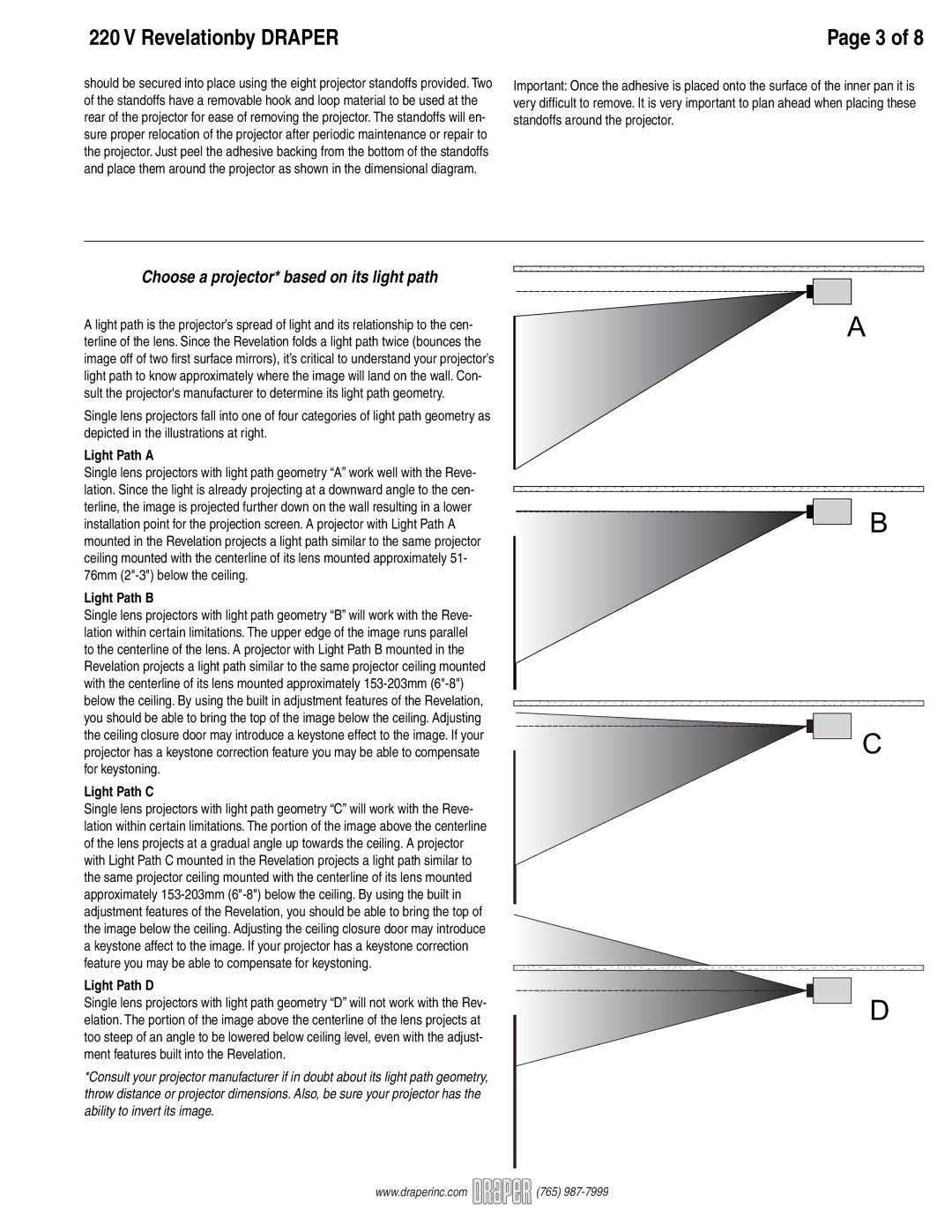 Draper Video Projector specifications Revelationby Draper, Choose a projector* based on its light path 