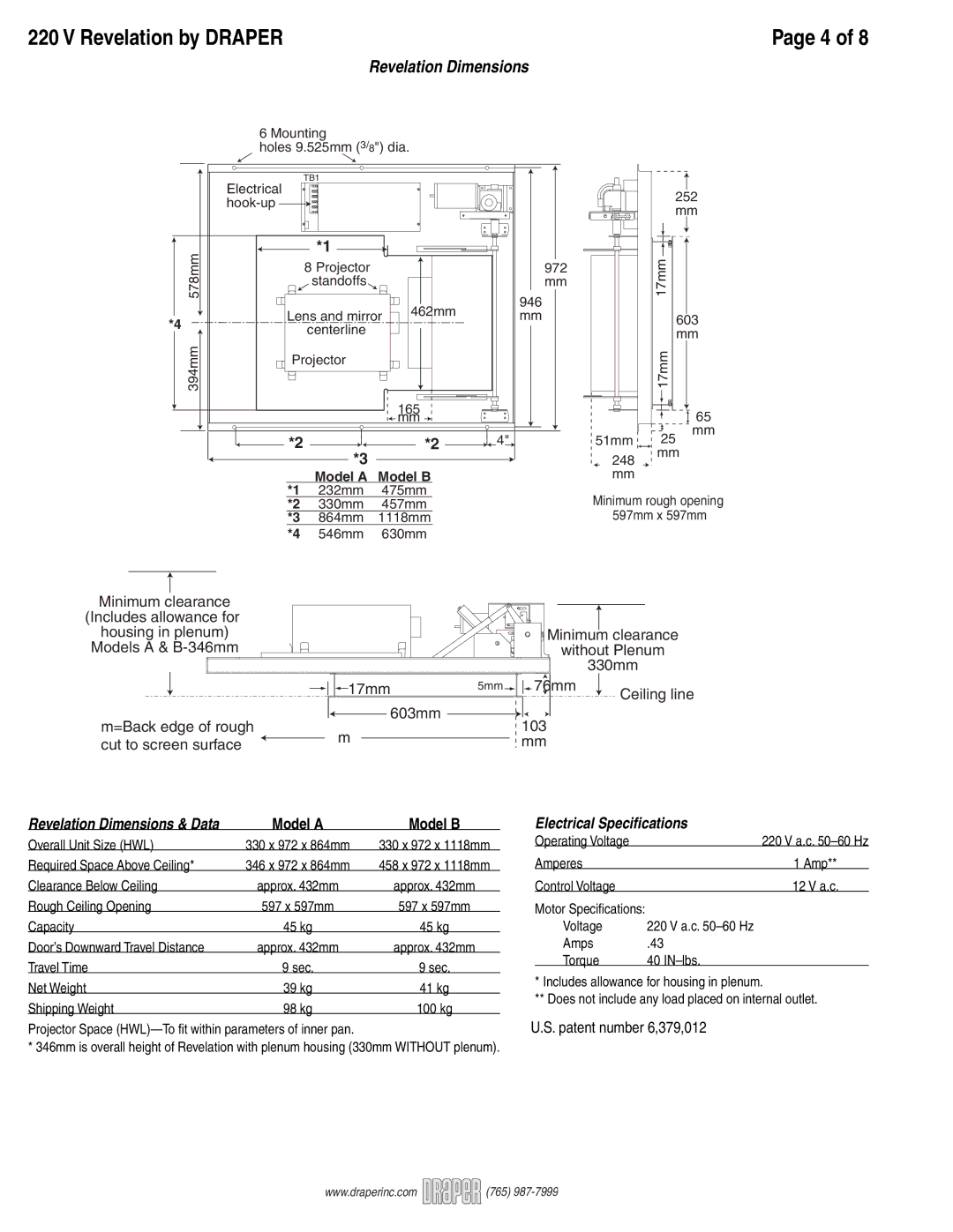 Draper Video Projector specifications Revelation Dimensions 