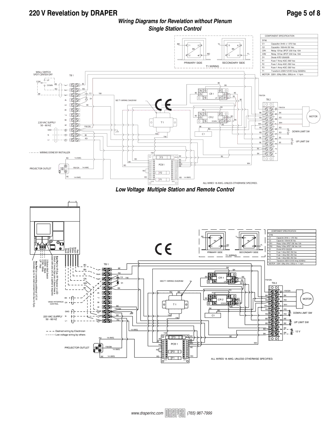 Draper Video Projector Low Voltage Multiple Station and Remote Control, Primary Side Secondary Side, T1 Wiring 