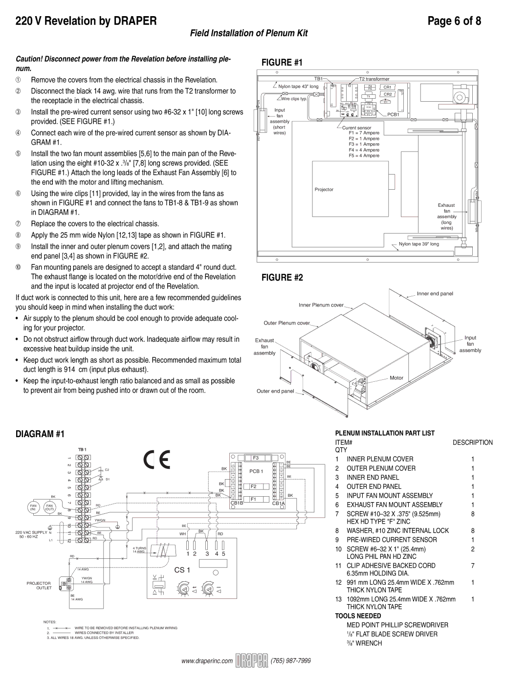 Draper Video Projector specifications Revelation by DRAPERPage 6, Field Installation of Plenum Kit, Num, Tools Needed 