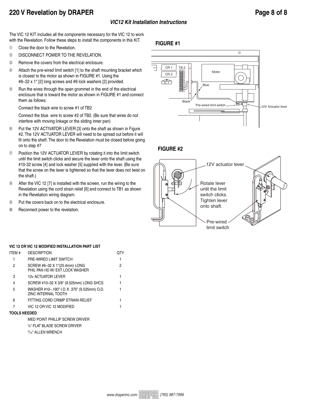 Draper Video Projector VIC12 Kit Installation Instructions, ➀ Close the door to the Revelation, 12V actuator lever 