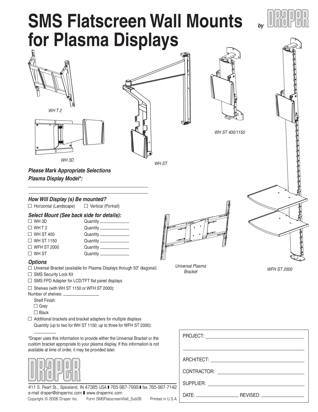 Draper WFH ST 2000, WH ST 400, WH ST1150, WH 3D, WHT2 manual Select Mount See back side for details, Options 